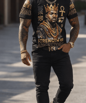 Men's black T-shirt with Strength of Ancestors all-over graphic print