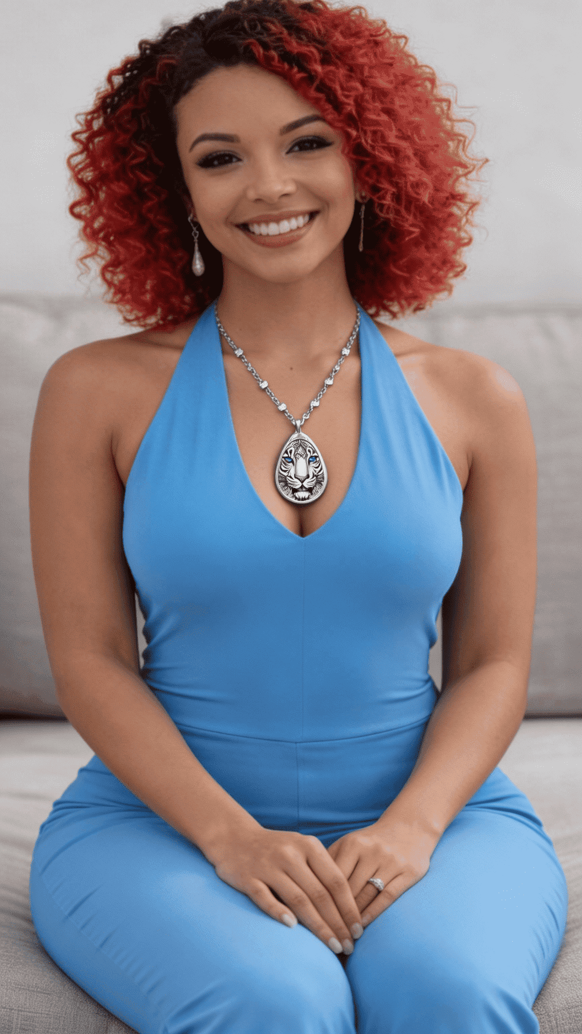 Oval necklace with a printed tiger face pendant in vibrant colors and a glossy silver-plated finish — product detail