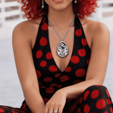 Glossy oval pendant necklace with colorful dual-portrait design on zinc alloy, lobster clasp — product detail