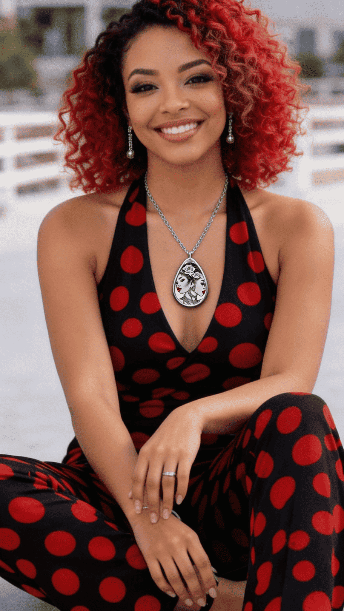 Glossy oval pendant necklace with colorful dual-portrait design on zinc alloy, lobster clasp — product detail