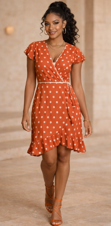 Rich and Rich Orange Polka Dot Women’s Tea Dress – Designer Elegance with Timeless Charm