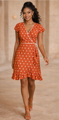 Rich and Rich Orange Polka Dot Women’s Tea Dress – Designer Elegance with Timeless Charm