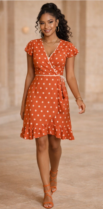 Rich and Rich Orange Polka Dot Women’s Tea Dress – Designer Elegance with Timeless Charm