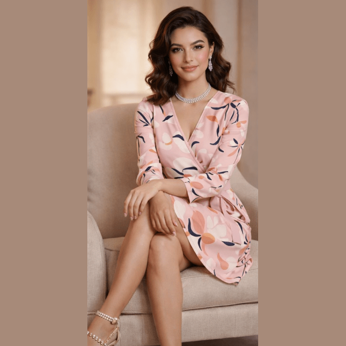 Pink floral wrap dress with V-neck and adjustable belt tie — alternate view