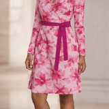 Fuchsia floral wrap dress with V-neck and belt tie, long sleeves