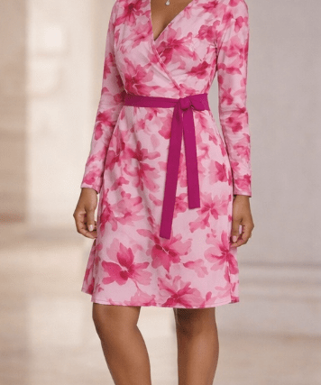 Fuchsia floral wrap dress with V-neck and belt tie, long sleeves