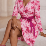 Fuchsia floral wrap dress with V-neck and belt tie, long sleeves — alternate view