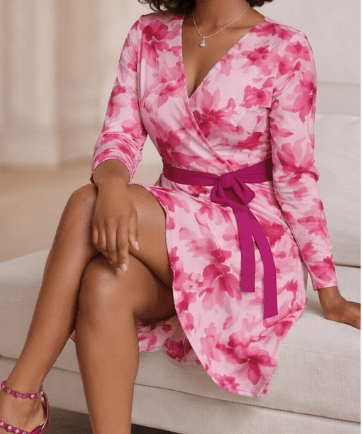 Fuchsia floral wrap dress with V-neck and belt tie, long sleeves — alternate view