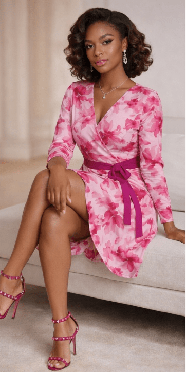 Fuchsia floral wrap dress with V-neck and belt tie, long sleeves — alternate view