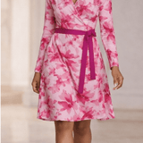 Fuchsia floral wrap dress with V-neck and belt tie, long sleeves — product detail