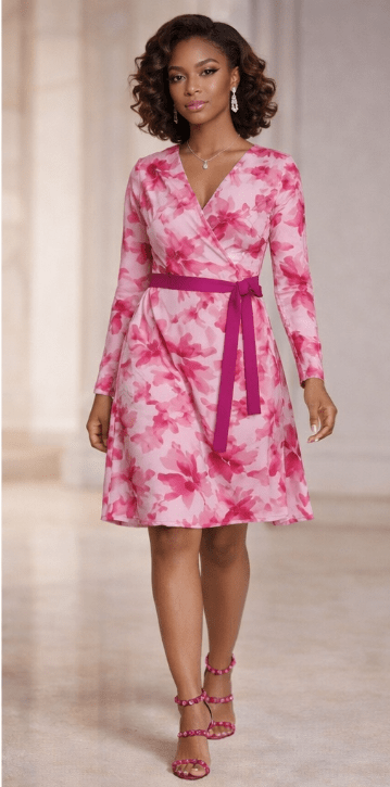 Fuchsia floral wrap dress with V-neck and belt tie, long sleeves — product detail