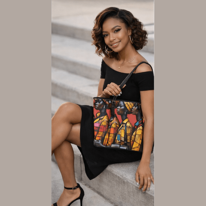 Large black PU leather tote handbag with zip closure and multiple interior pockets — alternate view