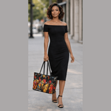 Large black PU leather tote handbag with zip closure and multiple interior pockets — product detail