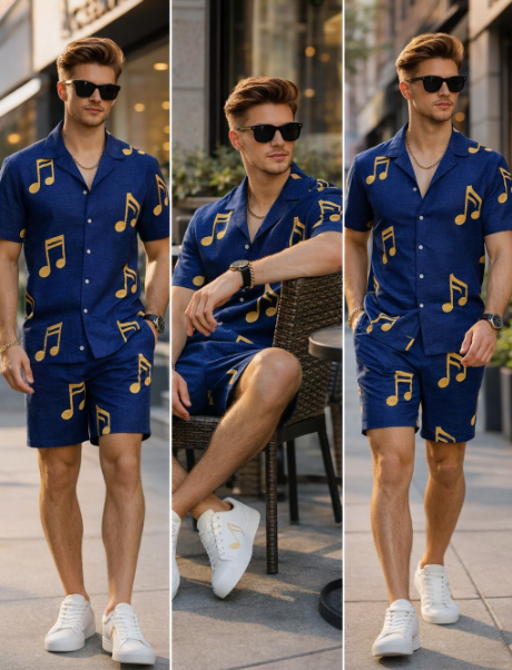 Rich and Rich Blue Musical Notes Men’s Shirt and Shorts Outfit | Casual Matching Set