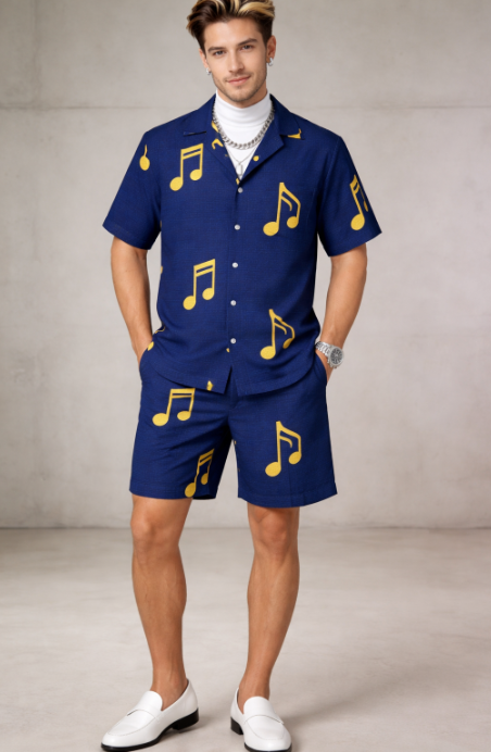 Rich and Rich Blue Musical Notes Men’s Shirt and Shorts Outfit | Casual Matching Set