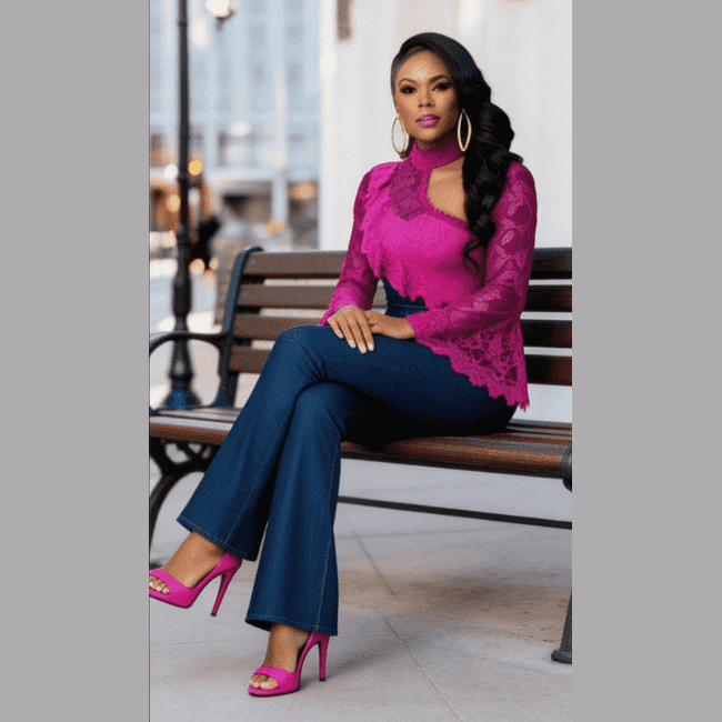 Women's dark denim Tencel jumpsuit with fuchsia lace accents on sleeves, bodice and one leg — additional view 7