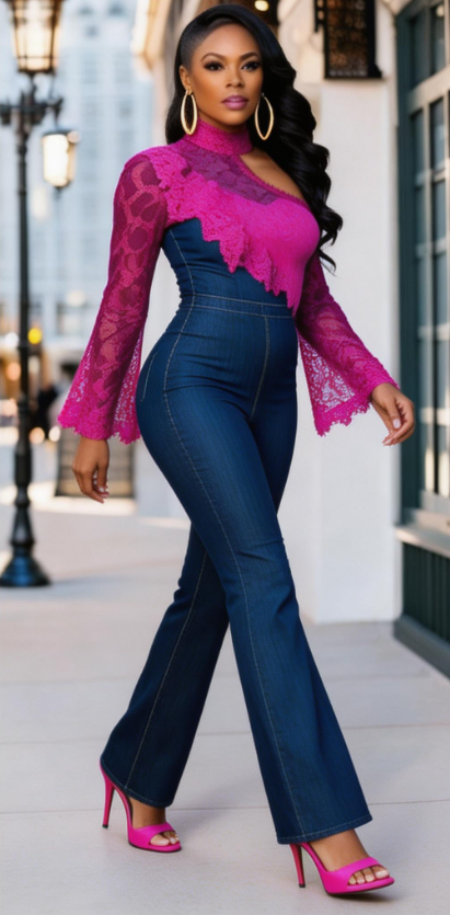 Rich and Rich Women’s Jean and Fuchsia Lace Jumpsuit – Stylish Denim Tencel Summer Jumper