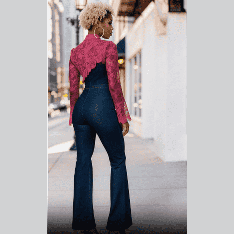 Women's dark denim Tencel jumpsuit with fuchsia lace accents on sleeves, bodice and one leg — additional view 10