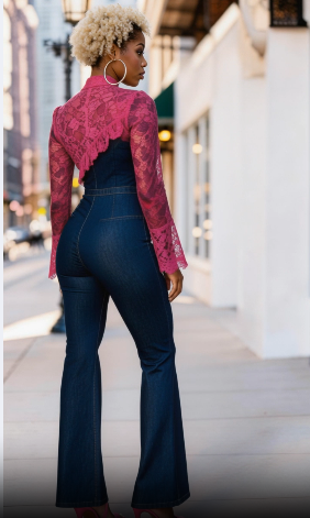 Rich and Rich Women’s Jean and Fuchsia Lace Jumpsuit – Stylish Denim Tencel Summer Jumper