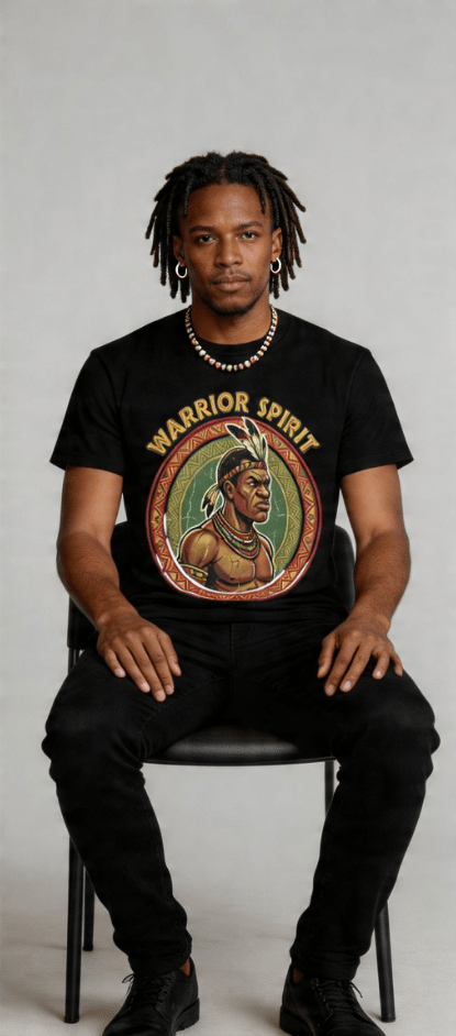 Men's black T-shirt with Warrior Spirit all-over graphic print — alternate view