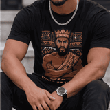 Men's black T-shirt with King of Kings all-over graphic print — side view
