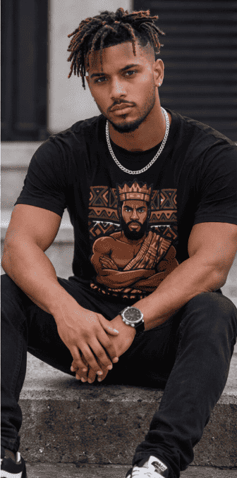 Men's black T-shirt with King of Kings all-over graphic print — side view