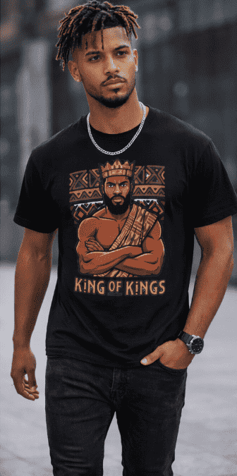 Men's black T-shirt with King of Kings all-over graphic print — rear view