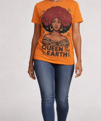 Orange multicolor women's crewneck short-sleeve T-shirt with graphic print