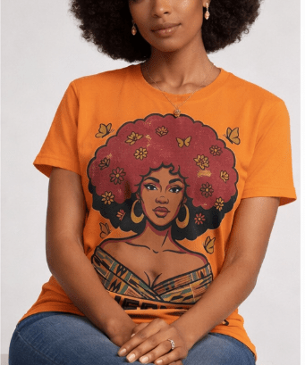 Orange multicolor women's crewneck short-sleeve T-shirt with graphic print — alternate view