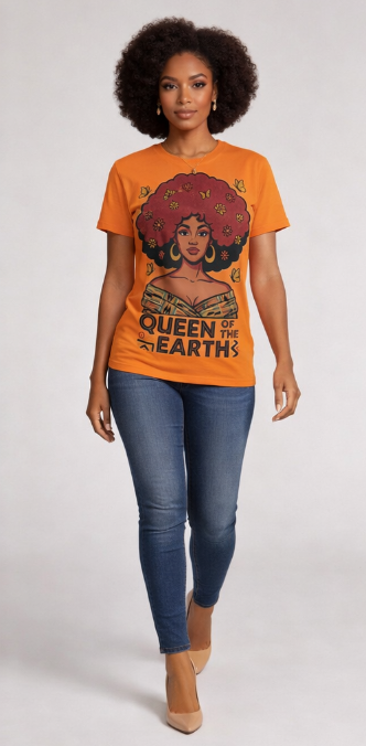 Rich and Rich Queen Of The Earth Women’s Orange Multicolor T-Shirt | Soft Polyester Spandex Graphic Tee