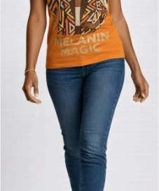 Women's orange crewneck T-shirt with Melanin Magic all-over graphic — alternate view