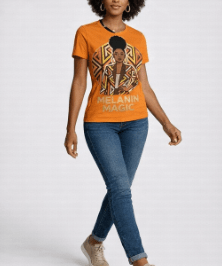 Women's orange crewneck T-shirt with Melanin Magic all-over graphic