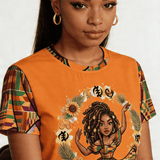Women's orange crewneck T-shirt with Divine Feminine graphic print — product detail