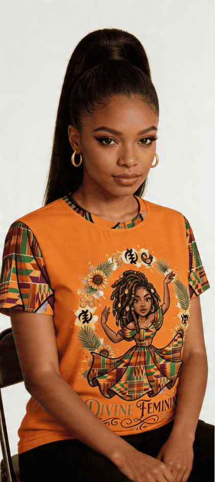 Women's orange crewneck T-shirt with Divine Feminine graphic print — product detail