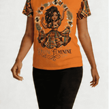 Women's orange crewneck T-shirt with Divine Feminine graphic print