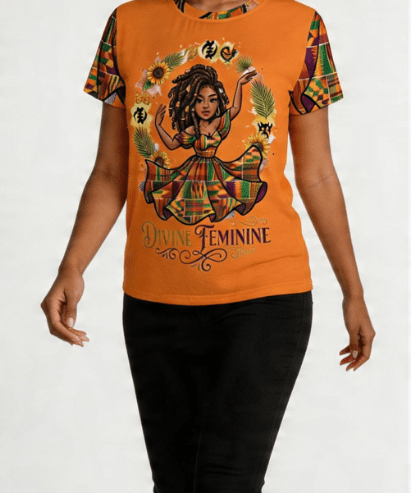 Women's orange crewneck T-shirt with Divine Feminine graphic print