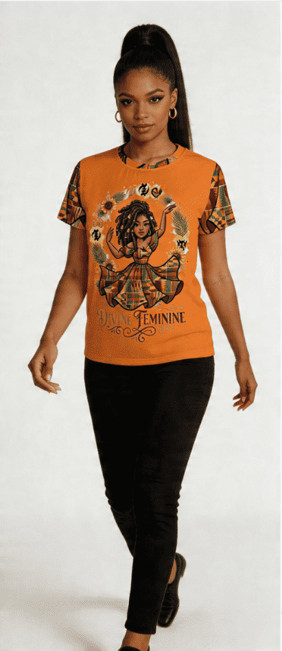 Women's orange crewneck T-shirt with Divine Feminine graphic print