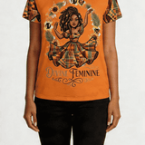 Women's orange crewneck T-shirt with Divine Feminine graphic print — alternate view