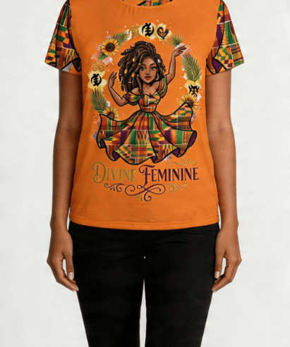 Women's orange crewneck T-shirt with Divine Feminine graphic print — alternate view