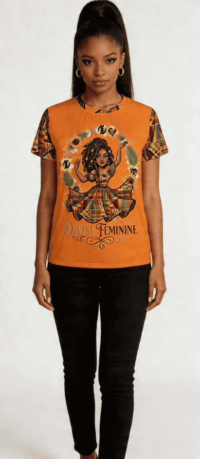 Women's orange crewneck T-shirt with Divine Feminine graphic print — alternate view