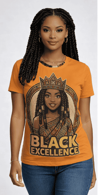 Women's orange crewneck T-shirt with Black Excellence graphic print