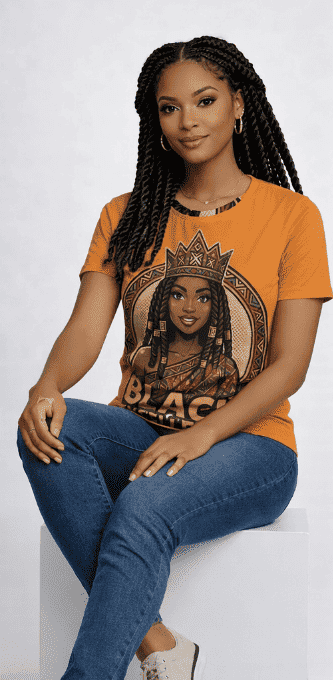 Women's orange crewneck T-shirt with Black Excellence graphic print — alternate view