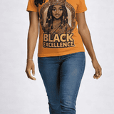 Women's orange crewneck T-shirt with Black Excellence graphic print — product detail