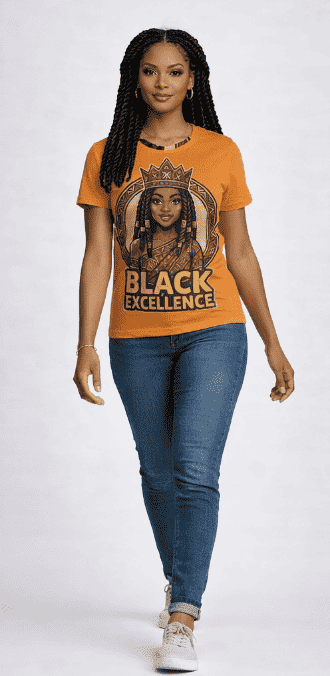 Women's orange crewneck T-shirt with Black Excellence graphic print — product detail