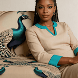 Velour occasional chair with peacock print upholstery, compact accent armchair handmade in the UK — alternate view