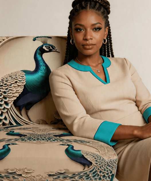 Velour occasional chair with peacock print upholstery, compact accent armchair handmade in the UK — alternate view