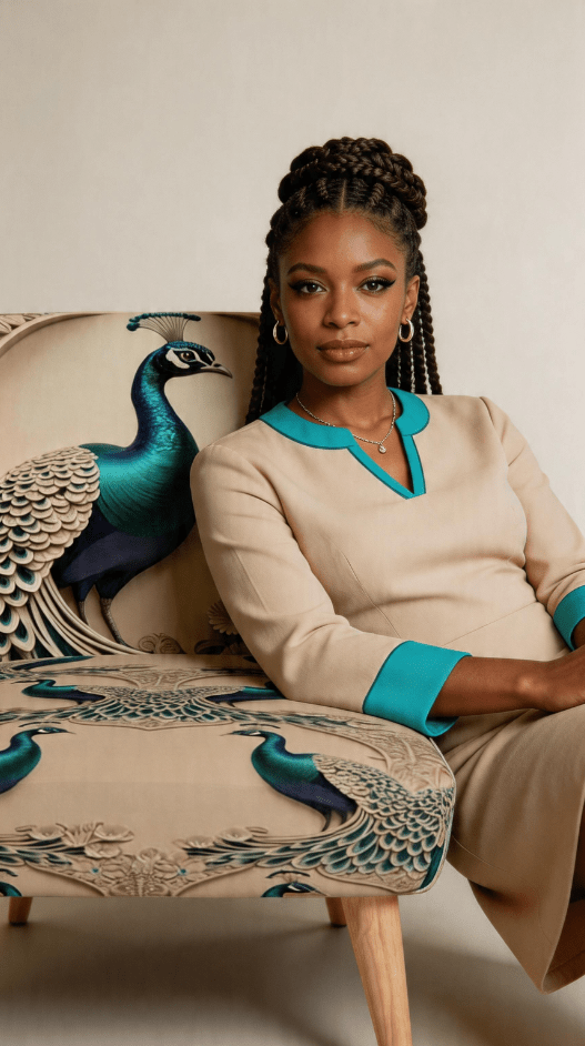 Velour occasional chair with peacock print upholstery, compact accent armchair handmade in the UK — alternate view
