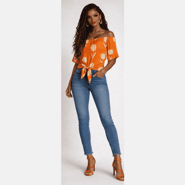 Orange tulip off-shoulder blouse with front tie knot and four-way stretch fabric