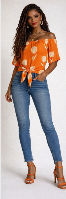 Rich and Rich Orange Tulip Women’s Off Shoulder Tie Knot Blouse – Summer Streetwear Top