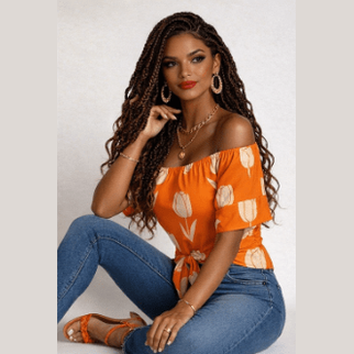 Orange tulip off-shoulder blouse with front tie knot and four-way stretch fabric — alternate view